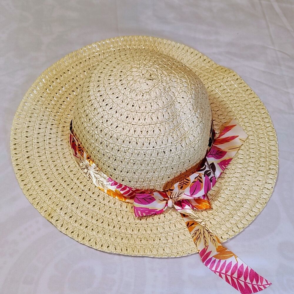 Sunshade Straw Hat Summer Sun Big Brim Hat Beige Pink Orange Leaves Ribbon OS